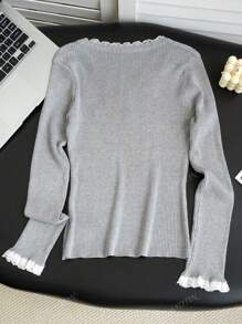 Women's Semi-Open Collar Bow Lace Splicing Knit Sweater, Slim Fit Long Sleeve T-Shirt Top