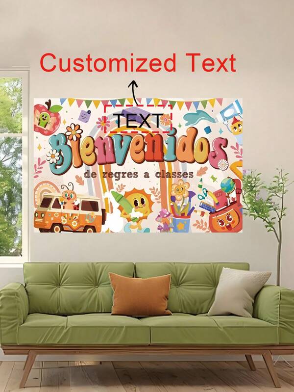 1pc Customized Back To School Background Cloth - Customizable Text, With Rainbow, Sun, Stationery And School Bus Design, Ideal For Indoor/Outdoor Classroom Decor, Birthday Party And Photo Backdrop, Classroom Decoration