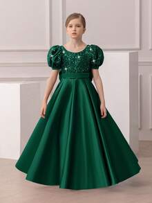 少女圣诞连衣裙优雅泡泡袖露背深 V 亮片公主裙，适合女孩生日派对、花童、婚礼、舞会、节日场合 - 墨綠色 - 查看 3