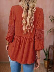 Plus Women's V-Neck Solid Color Button Lace Long Sleeved Shirt Top Fall Clothes - Orange - View 2