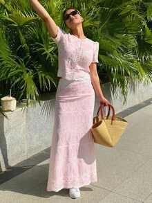 Livesso 2件套女士夏季蕾丝拼布短袖衬衫和裙子套装 - 粉色 - 查看 2