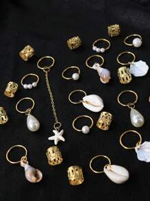 26pcs Women's Fashion Hair Accessories For Beach, Summer Vacation - Dreadlock Rings, Starfish, Seashells, Pearls