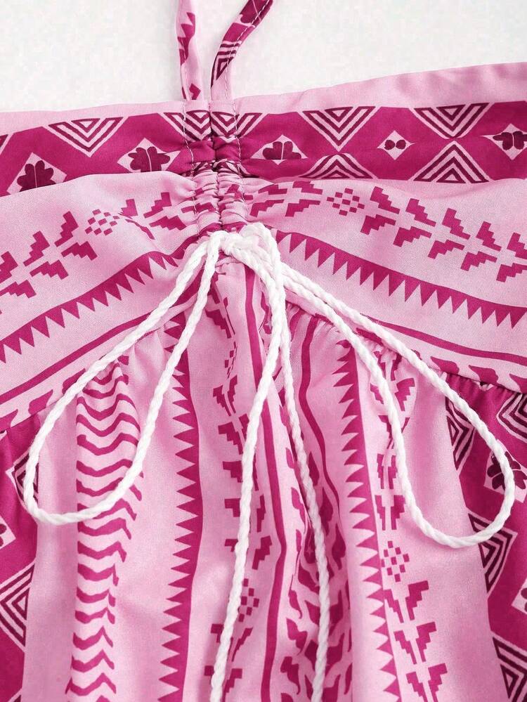 Vestido de Praia Estilo Boêmio, Vestido de Praia de Verão, Vestido de Dopamina para Mulheres com Alças,Vestido Longo de Verão com Alça Fina Luxuoso para Férias, Vestido feminino de comprimento médio - Rosa Bebê - Visão 5