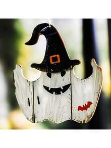 1 件万圣节木制鬼魂墙饰 - 女巫帽设计，带蝙蝠装饰，节日挂饰，适用于家庭、派对、门廊装饰