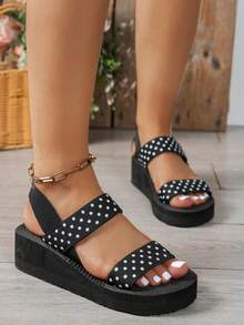 Women's New Fashion High Heel Casual Vacation Polka Dot Platform Wedge Roman Sandals, Minimalist Indoor Slippers Suitable For Students, Office Workers, Beach, Hotel - Black - View 1
