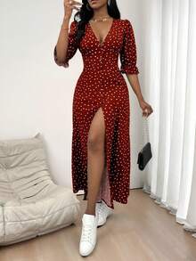 Elegante Vintage de la Mujer de puntos impresos con cuello en V Botón de Split Vestidos,Falda larga estampada de media manga - Rojo - Ver 4