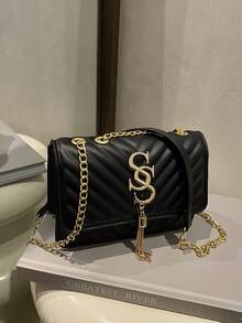Women's Fashion Solid Color PU Leather Quilted Shoulder Bag, Multifunctional Flap Chain  For Party/Evening, - Black - View 11