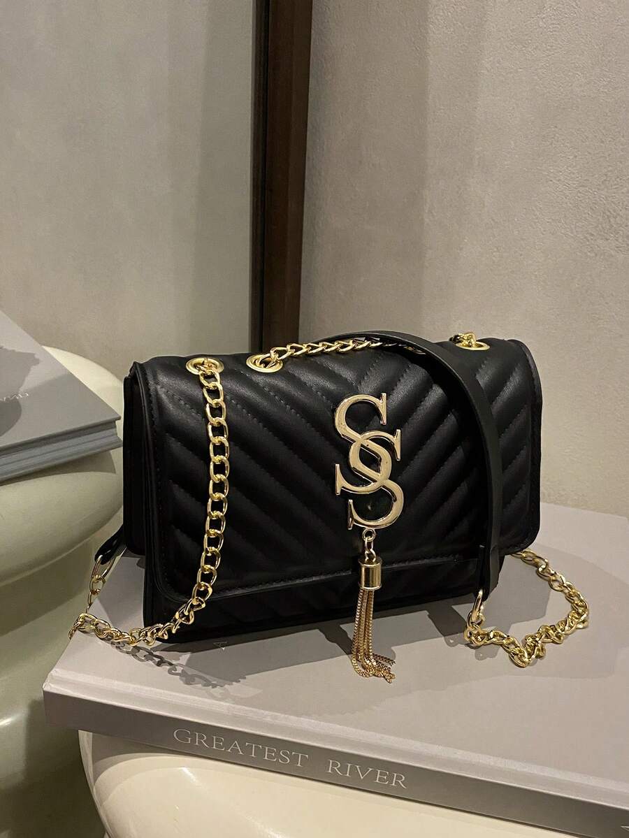 EMERY ROSE Bolso de hombro acolchado de moda para mujer, de unicolor y PU. Bolso cruzado versátil de solapa para banquete y noche con cadena. Nuevo bolso cuadrado casual de viaje y vacaciones para teléfono móvil y monedero. Bolso bandolera diario para oficinistas y estudiantes. - Negro - Ver 1