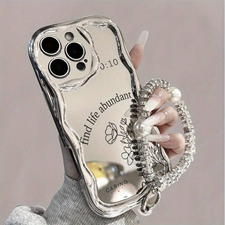 Funda para teléfono (1 unidad) con diseño ondulado electrochapado y colgante de perla. Funda protectora antigolpes de cobertura total. Accesorio de moda compatible con phone 11, 12, 13, 14, 15, 16 Pro y Pro Plus. Diseño elegante para nuevos modelos. - Colores mixtos 3 - Ver 1