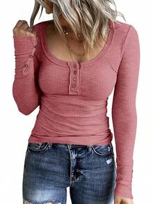 Women's Long Sleeve Henley Shirts Button Down Tops Scoop Neck Ribbed Knit Shirts - 粉色 - 查看 1