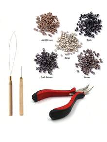 Hair Extensions Tools Kit 100 Pcs Black Dark Brown Light Brown Gold Micro Ring Beads 1 Micro Beads Plier 1 Hook Needle Pulling - Multicolor - View 1