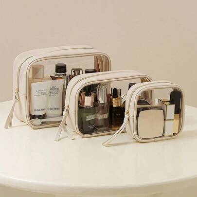 Transparent PU Cosmetic Storage Bag, Large Capacity Organizer Bag For Women, Portable Travel Makeup Bag Make Up Bag Makeup Pouch Cosmetic Bag Toiletry Bag Wash Bag Travel Essential Cruise Essentials Vacation Essentials For Men Women