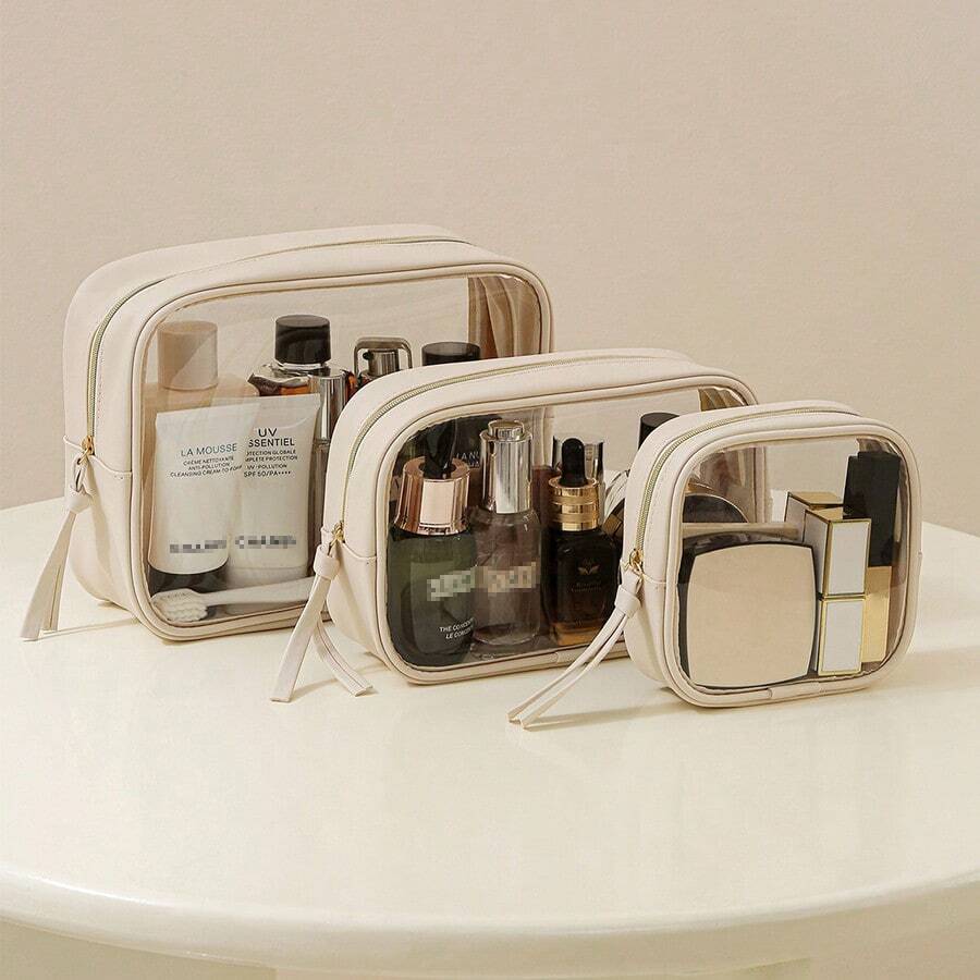 Bolsa de almacenamiento de cosméticos de PU transparente, bolsa organizadora de gran capacidad para mujeres, bolsa de maquillaje portátil para viajes, bolsa de maquillaje, bolsa de cosméticos, bolsa de aseo, artículos esenciales para viajes, artículos esenciales para cruceros, artículos esenciales para vacaciones para hombres y mujeres