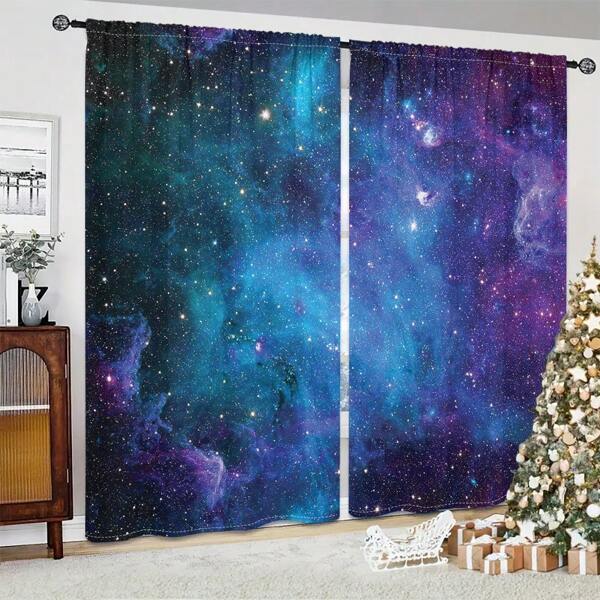 2Pcs Galaxy Curtains Space Cosmic Universe Stars Blackout Window Curtains Thermal Insulated Drapes For Living Room Bedroom Kitchen Bathroom Home Decor Fantasy Sky Space Theme Curtains Aesthetic Room Decor Cortinas Para La Sala 3D Digital Printing Window Treatment Tapestry Wall Hanging Art Decoration
