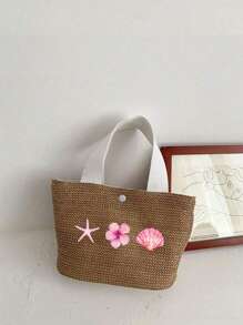 1 pezzo Borsa a tracolla stile bohémien con stampa di ibisco mutabilis, stella marina, cocco e lettera, adatta per la spiaggia e le vacanze, leggera per uso quotidiano, commuting e shopping, elegante borsa estiva da viaggio, borsa da spiaggia estiva alla moda (misura mini)