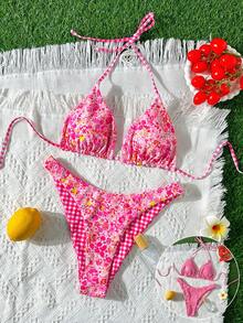 Bộ bikini nữ gợi cảm họa tiết hoa sọc, kiểu tam giác cổ chữ V sâu, thích hợp cho kỳ nghỉ hè ở bãi biển. - Hồng đậm - Xem 3