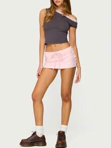 Women Y2k Mini Skirts Solid Color Low Rise Drawstring Skirts Elastic Waist Bow Front Short Skirt Stretchy Side Slit Pencil Skirts Summer Casual Streetwear - Hồng - Xem 5