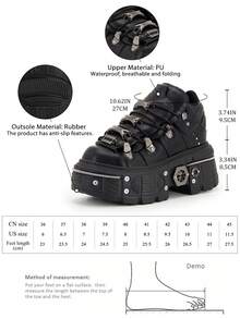 Fashion Women's Flat Platform Ankle Boots Black Round Toe High Heel Sneakers Thick Soft Sole Bottom Booties Lace-Up Metal Decor Halloween Y2K Style Sports Shoes - 黑色 - 查看 3