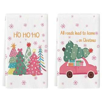 2Pcs Pink Xmas Tree Truck Christmas Kitchen Towels Dish Towels Hand Towels, 16x24 Inch Holiday Ho Ho Ho Winter Decoration Hand Towels