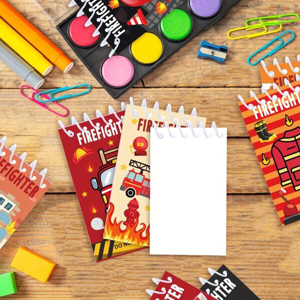 8 piezas Cuaderno de espiral con diseño de camión de bomberos - Cuadernos pequeños con diseños de camión de bomberos, casco de bombero e hidrante - Adecuado para suministros de fiesta de cumpleaños, papelería de fiesta | Tema de bombero de dibujos animados | Cubierta duradera
