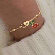 1 件时尚双心空心字母樱桃吊坠金色不锈钢串珠链女式手链