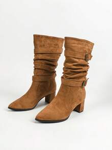 女士新款时尚棕色、黑色尖头一脚蹬粗跟中筒靴和长靴 - 棕色 - 查看 6