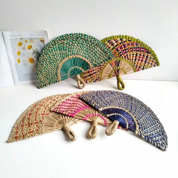 1 peça de ventilador de mão decorativo colorido trançado, 42 cm de comprimento x 28 cm de largura, ventilador de palha trançado à mão para refrescar no verão, decoração de parede