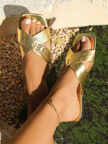 Rihero Women's Elegant Flat Sandals, Comfortable Slip-On Cross Metal Buckle Leather Slippers - Gold - View 8