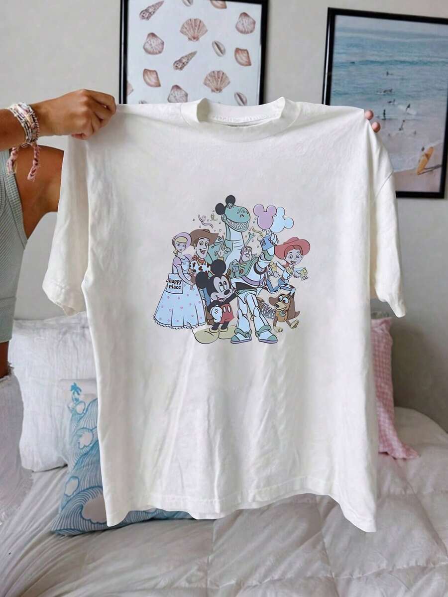 Women's Summer Tops, Cartoon Print Women's Clothes, Short Sleeve Women's Casual T-Shirts, Summer Tops, Shirts, Women's Summer Clothes, Summer Clothes, Women's Graphic T-Shirts, Women's Tops, White Tops - 白色 - 查看 1