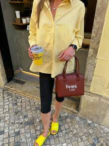 DEEKA 新款夏季女装时尚网红风格休闲黄色条纹宽松衬衫 - 黃色 - 查看 7