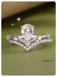 1 件精致不锈钢 V 形钻石公主皇冠戒指，时尚优雅的日常佩戴 - 水滴V形戒指 - 查看 2