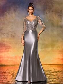 LVNES elegantes silbernes Satin Brautmutterkleid, figurbetontes langes Abendkleid oder Hochzeitsgast-Kleid - Silber - Übersicht 3