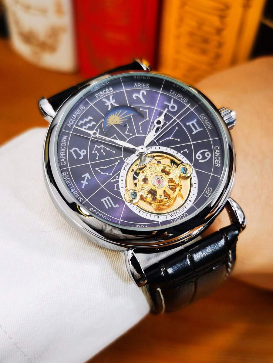T-WINNER 1 pieza Reloj mecánico automático de moda con diseño luminoso del zodíaco chino para hombres, reloj de esqueleto de tourbillón, relojes de lujo de marca superior para hombres, regalo con caja