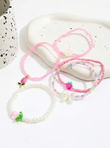 5pcs/Set Summer Beaded Pearl Crystal Tulip Charm Bracelet, Cute Element Boho Butterfly Flower Pendant Elastic Bracelet Set, For Beach Vacation