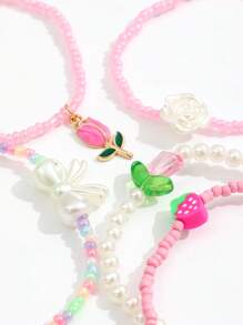 5pcs/Set Summer Beaded Pearl Crystal Tulip Charm Bracelet, Cute Element Boho Butterfly Flower Pendant Elastic Bracelet Set, For Beach Vacation