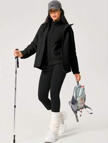 NcmRyu 1pc Women's Solid Color Hidden Pocket Windbreaker Long Sleeve Ski Jacket With Hood - Black - View 6