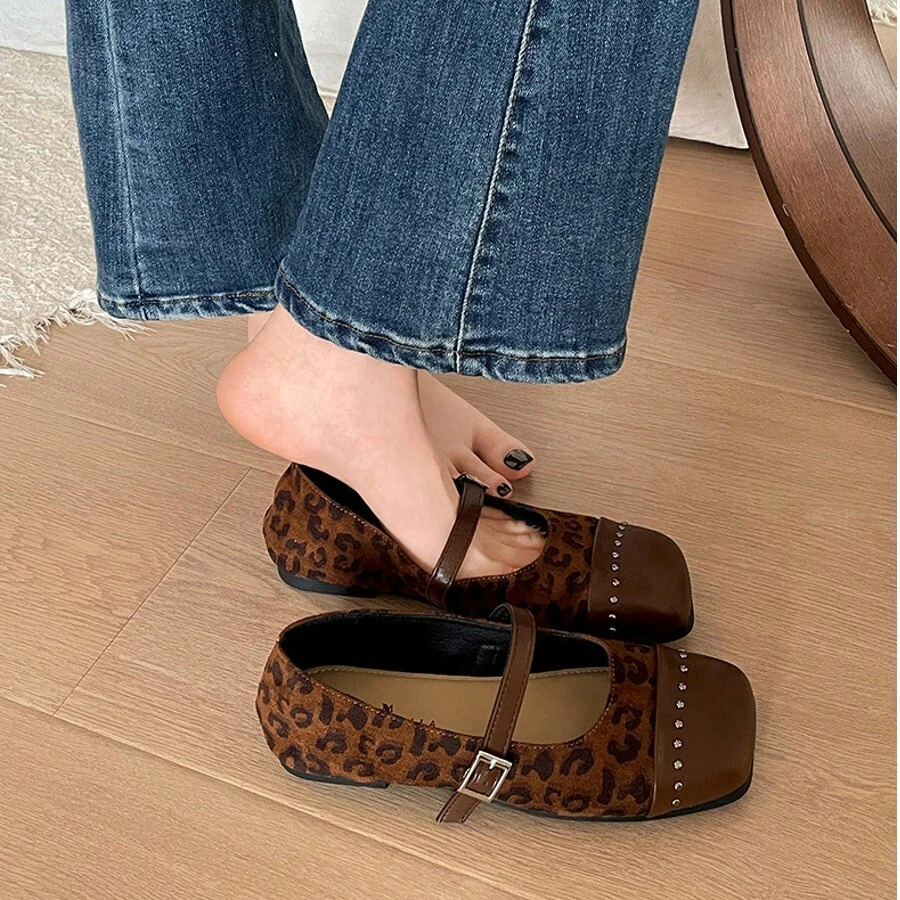 Ballerinas With Flat Sole And Bow Decoration For A Comfortable Everyday Look Punk Basic Buckle Outdoor - 豹紋 - 查看 1