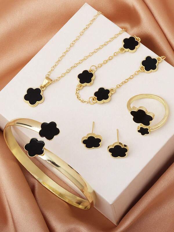Unisex Elegant Minimalist Design 5-Piece Jewelry Set, Necklace/Bracelet/Earrings/Ring/Bangle