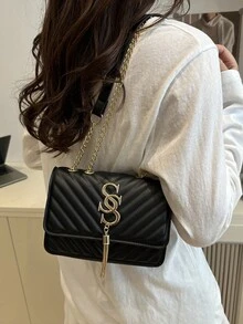 Women's Fashion Solid Color PU Leather Quilted Shoulder Bag, Multifunctional Flap Chain  For Party/Evening, - Black - View 2