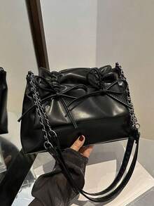 蝴蝶结装饰 1 件黑色抽绳褶蝴蝶结装饰 Pu Mate Rial 翻盖拉链单肩包，配有可调节肩带，适合日常通勤装使用，时尚蝴蝶结钱包，适合女士