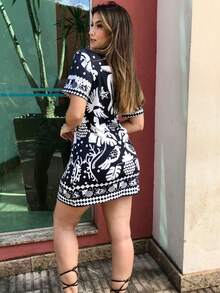 Women's Casual Printed Short Shirt Dress Blouse Dress Women's Dresses Women's Tshirt Dress Women's T-Shirt Dress - 黑與白 - 查看 4