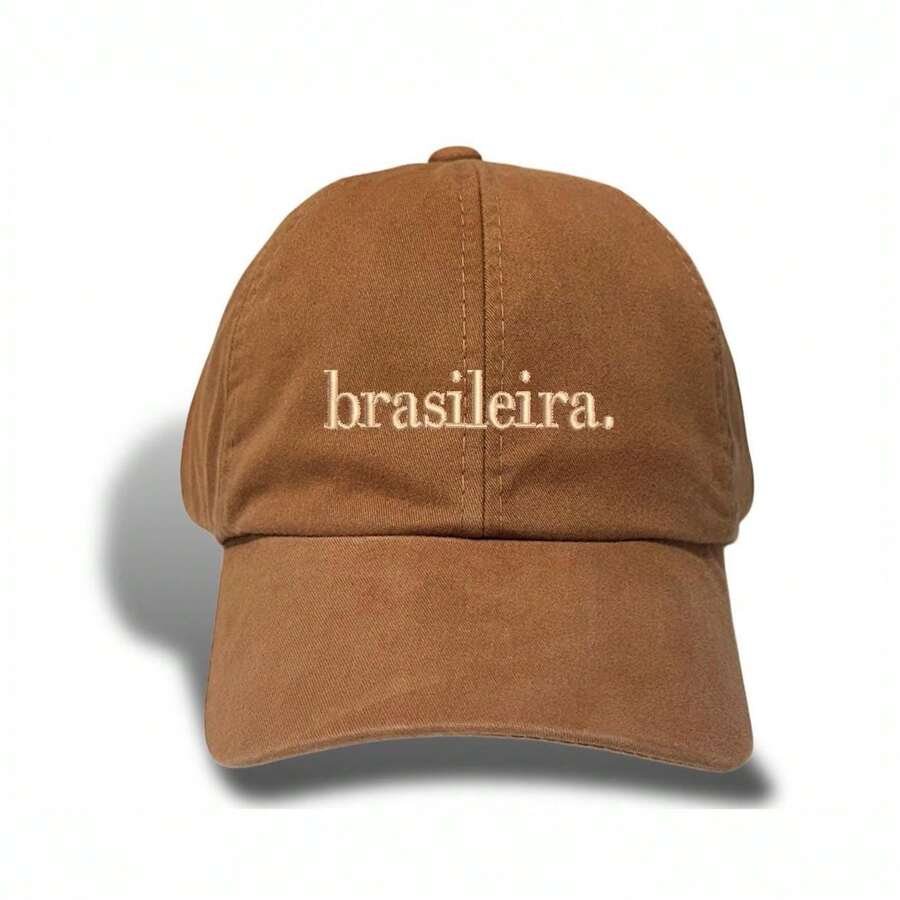 Unisex Dad Hat In 100% Cotton Twill, Brazilian Custom Curved Brim. - 棕色刺繡米色 - 查看 1