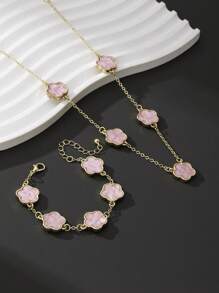 1 Set Elegant Fashionable Lucky Pink Clover Pendant Necklace & Bracelet Jewelry Set, Wedding Gift