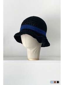 1pc Vintage Striped Handmade Hollow Out Bucket Hat, Women Summer Outdoor Sun Protection Hat, Contrast Color Stripes Handcrafted Knitted Bucket Hat, Women Autumn/Winter Outdoor Petite Size Knitted Cap, Versatile Autumn Accessories