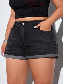 Jeanoix Plus Size Cuffed Denim Shorts, Summer - Black - View 4
