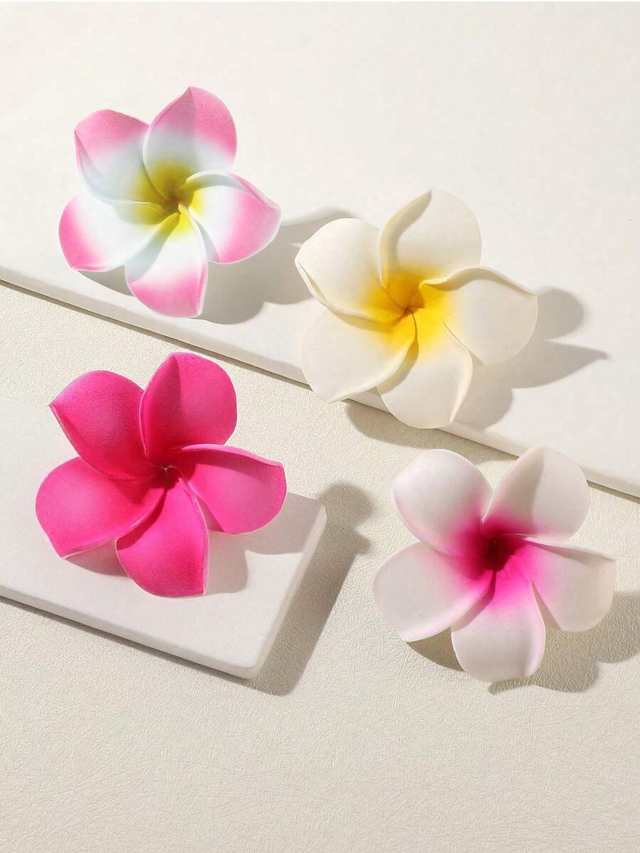 4 PCS Frangipani Flower Hair Clips, Hawaiian Tropical Hair Accessories, Artificial Plumeria Claw Clips For Women, Perfect For Beach Parties, Weddings, Summer Festivals, Tropical Vacations, Back-To-School Events, Hair Claws, Hair Slide, Hair Barrettes, School Stuff - Multicolor - View 1
