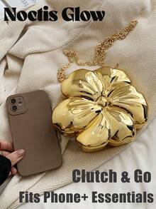 Women's Elegant Mini Flower Shaped Chain Crossbody Bag, Metallic Y2K Style Theme Party Shoulder Bag, Fashionable Novelty Shaped Bags, Versatile Small Mobile Phone Key Coin Purse, Portable Outdoor Travel Vacation Cosmetic Bags, Wear-Resistant Solid-Color Clutch Bag - 金色 - 查看 8
