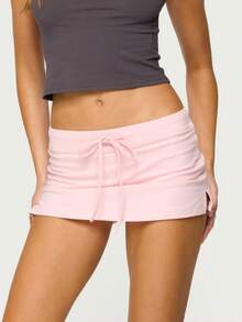 Women Y2k Mini Skirts Solid Color Low Rise Drawstring Skirts Elastic Waist Bow Front Short Skirt Stretchy Side Slit Pencil Skirts Summer Casual Streetwear - Hồng - Xem 6