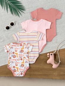 4件套婴儿男女宝宝0-12个月纯棉休闲短袖可爱卡通连体衣四季皆宜