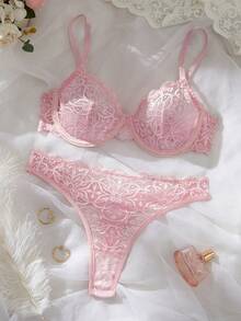 2 件套女士蕾丝细肩带文胸和内裤套装，内衣套装，外出 - 粉色 - 查看 3